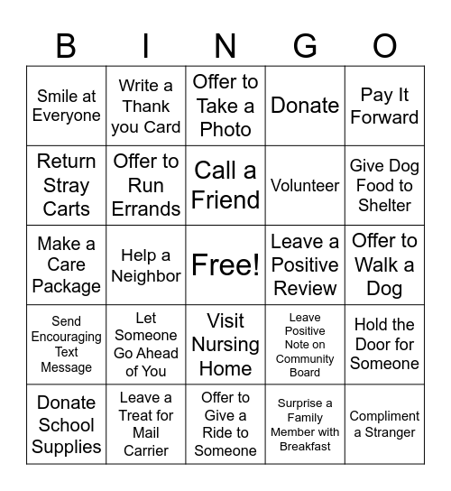 Kindness Bingo Card