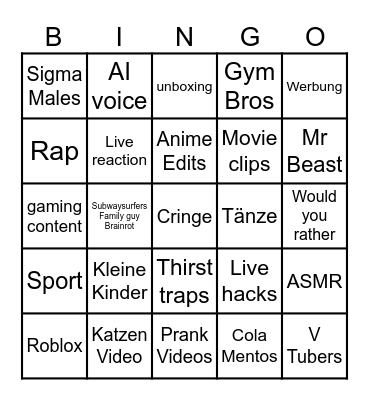 Youtube Shorts Bingo Card