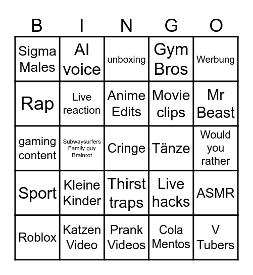 Youtube Shorts Bingo Card