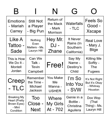 Kai’s 90s RnB Playlist Bingo Card