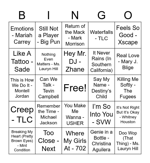 Kai’s 90s RnB Playlist Bingo Card