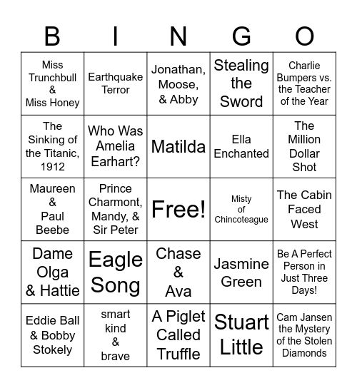 4th grade Battle of the Books  2025 Bingo Card