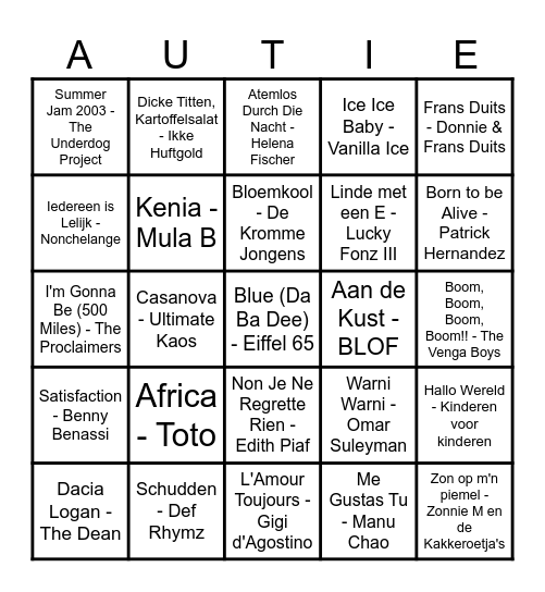 Auties Unitet Mega Muziek Bingokaart Bingo Card