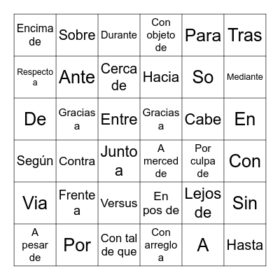 Bingo preposicional Bingo Card