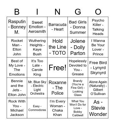 Kai’s General 70s List Bingo Card