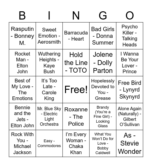 Kai’s General 70s List Bingo Card