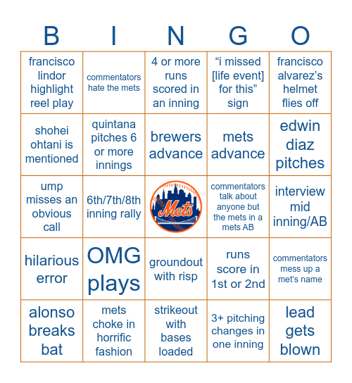 mets vs brewers bingo Card