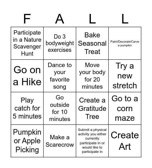 Physical Activities Bingo- Fall 2024 Bingo Card