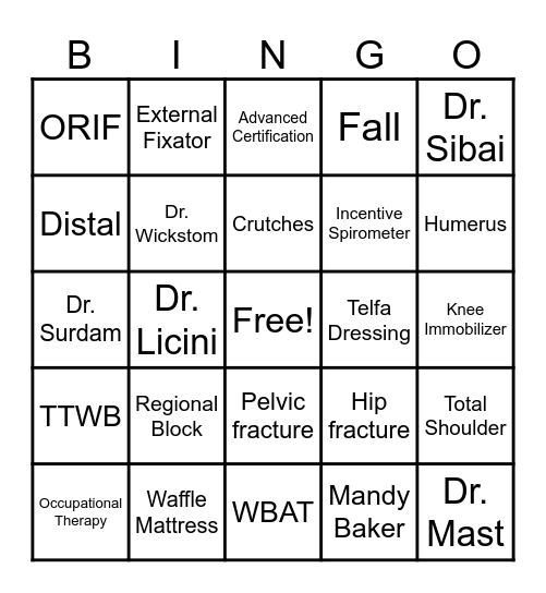 Ortho Week Bingo Card