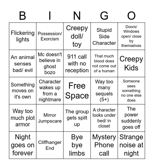 Horror Movie Bingo Card