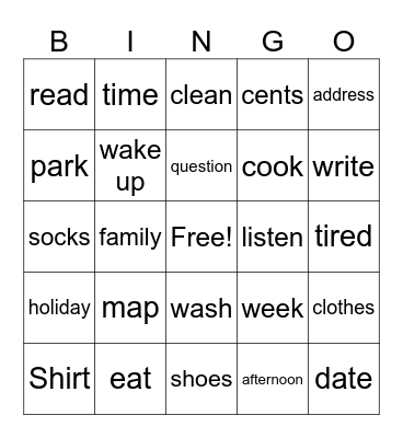 Vocabulary Bingo Card