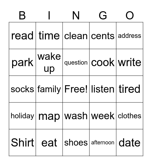 Vocabulary Bingo Card