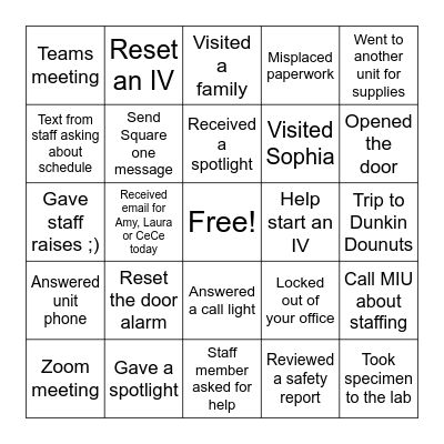 Pediatric Nurse's Week Bingo Card