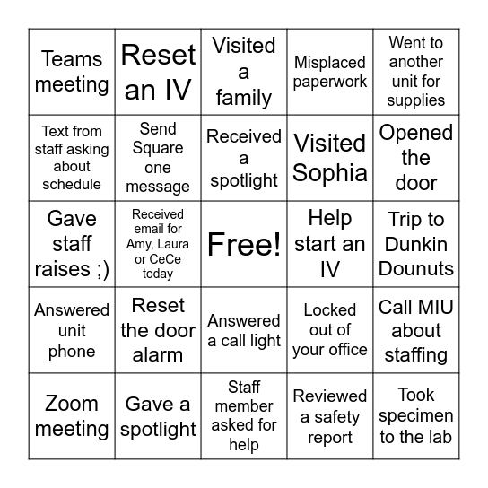 Pediatric Nurse's Week Bingo Card