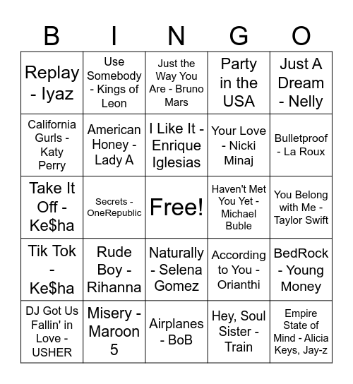 Kai's songs that came out in 2010 list Bingo Card