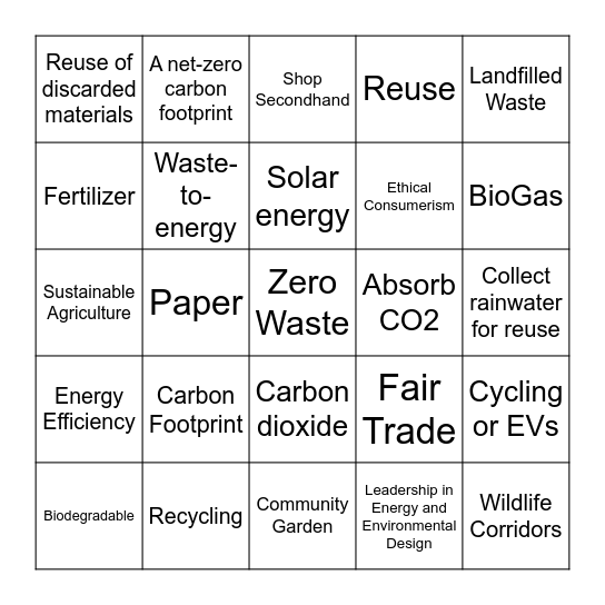 Sustainability Bingo Card