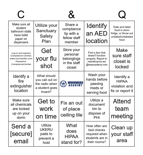 COMPLIANCE BINGO! Turn in your cards to Eboni Jones or Joel Porter for a prize. For squares with questions, you will need to email your answer to Eboni or Joel for your bingo to be valid. Good luck! Bingo Card