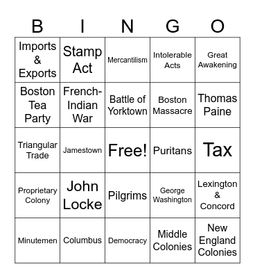 American Revolution Bingo Board Bingo Card