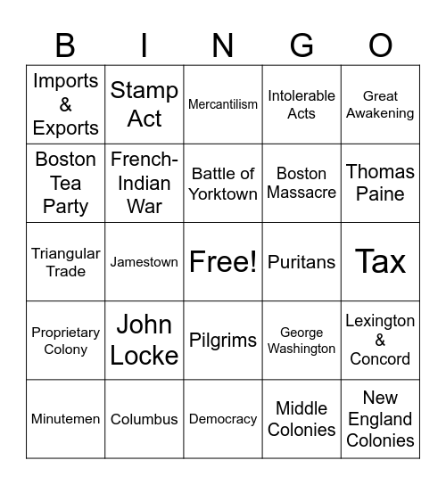 American Revolution Bingo Board Bingo Card