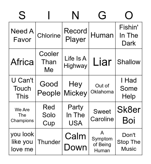 Sing Along Songs Bingo Card