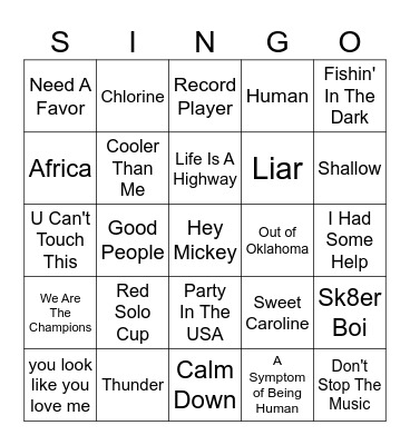 Sing Along Songs Bingo Card