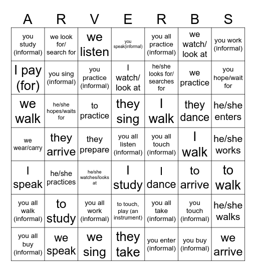 -Ar Vocab Bingo Card