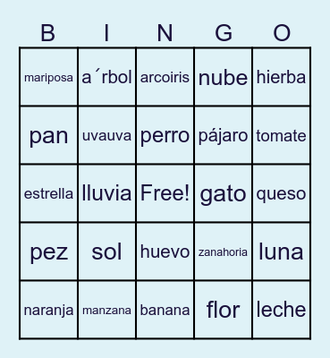 Spanish Vocabulary Bingo Card