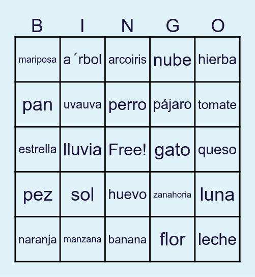 Spanish Vocabulary Bingo Card