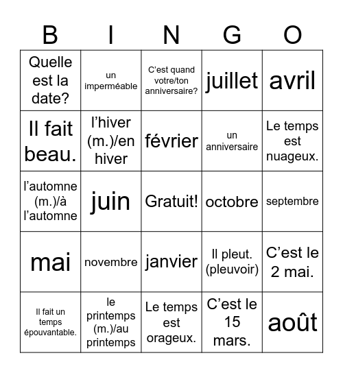 D'Accord 1 5B Vocab - Les saisons Bingo Card