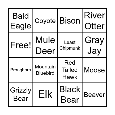 Wildlife Bingo of the GYE Bingo Card