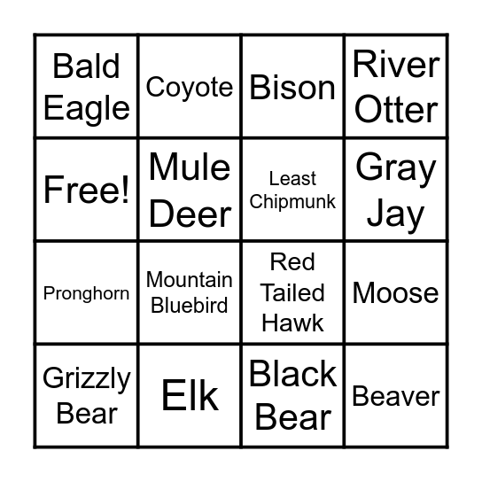 Wildlife Bingo of the GYE Bingo Card