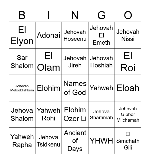 Names of God Bingo Card