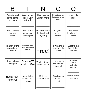 Get to know your Colleagues! Bingo Card
