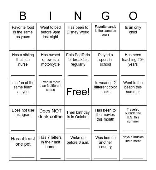 Get to know your Colleagues! Bingo Card