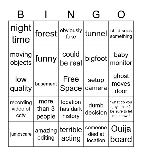 Scary Video Bingo Card