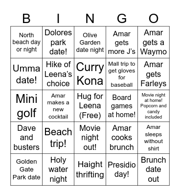 Leena’s birthday week adventures Bingo Card