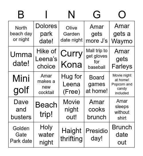 Leena’s birthday week adventures Bingo Card