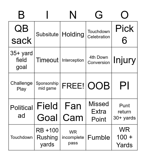 Thursday Night Football Bingo Card Bingo Card