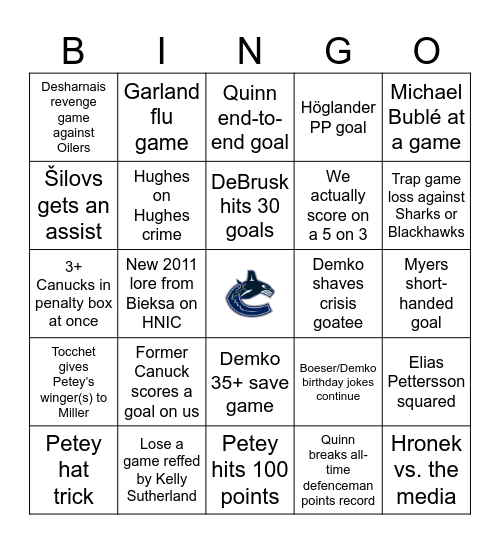 Canucks 2024-2025 Regular Season Bingo Card