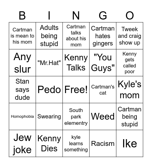 Southpark bingo Card