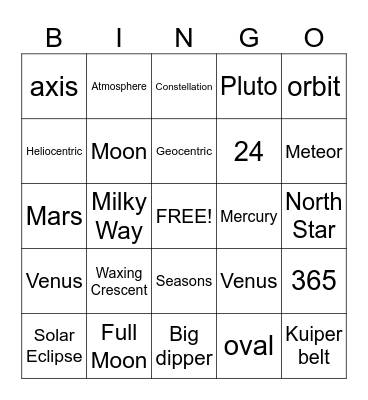 Astronomy Bingo Card