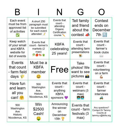 25 for 25 Contest Bingo Card