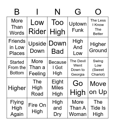 Highs & Lows Bingo Card