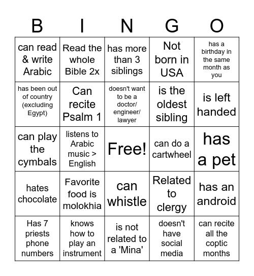 COPTIC BINGO Card