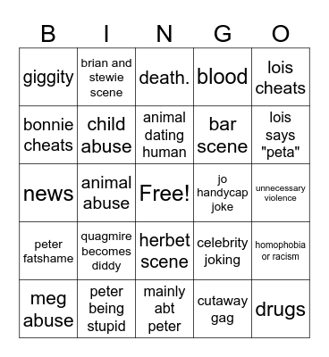 Family guy Bingo Card