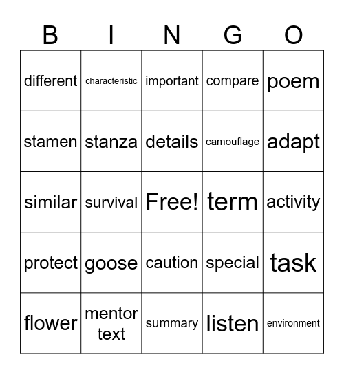 Ms. Camus Friday Bingo Unit 1 Bingo Card