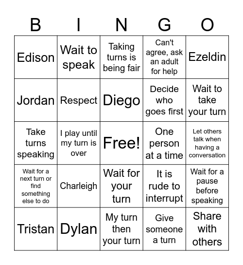 Taking Turns Bingo Card