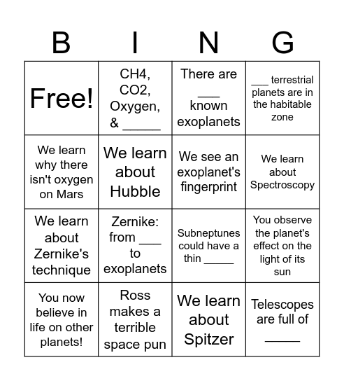 Starting with a Bang! Astrobiology & Exoplanets Bingo Card