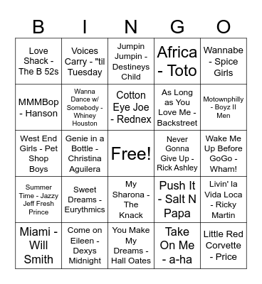80s & 90s Musical Bingo Card