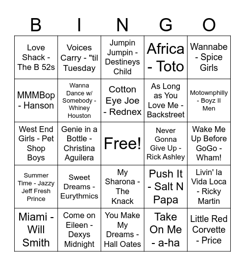 80s & 90s Musical Bingo Card